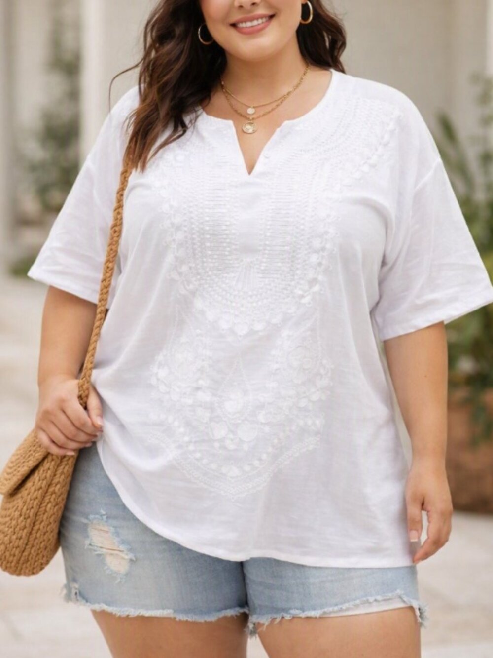 Miss Eman White Embroidered Cotton Top Blouse XL Boho Chic Festival Cottagecore